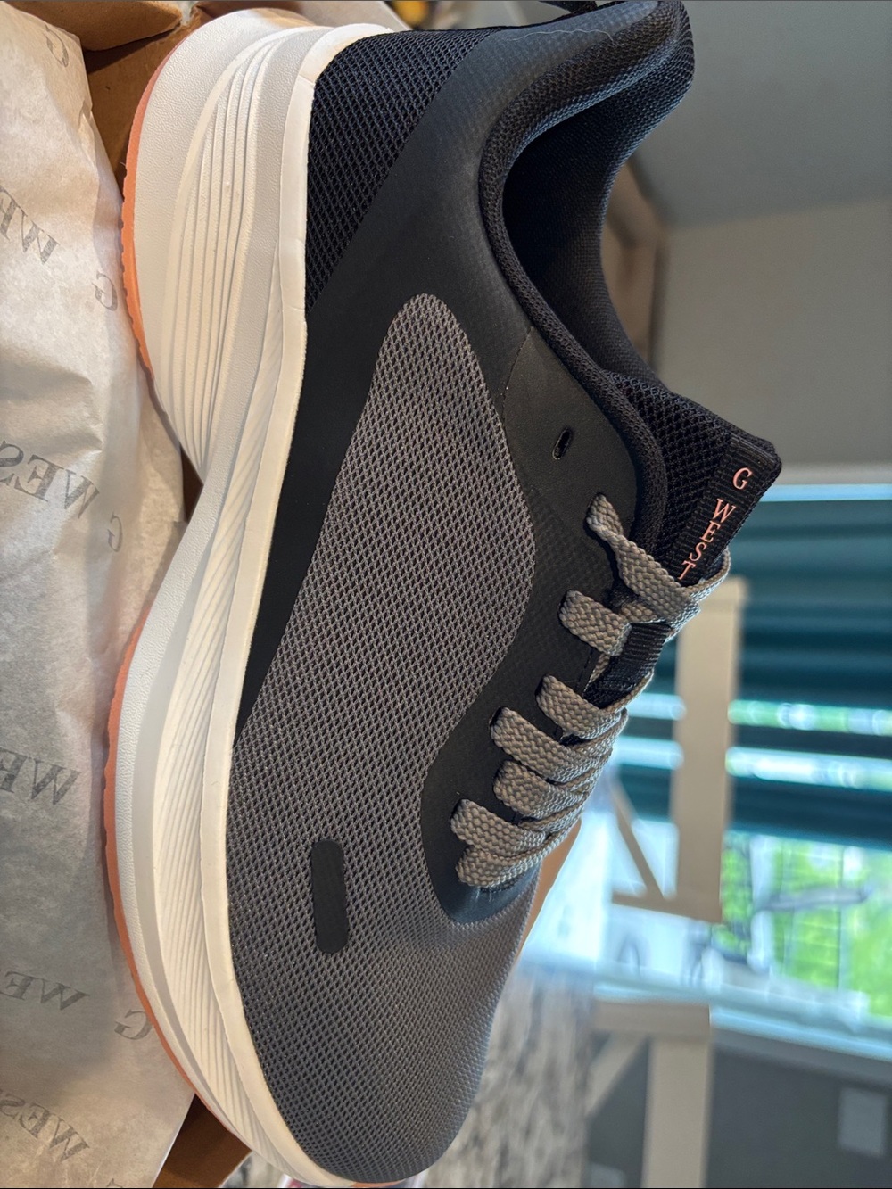 Grey Mesh Athletic Sneaker with Coral Accent